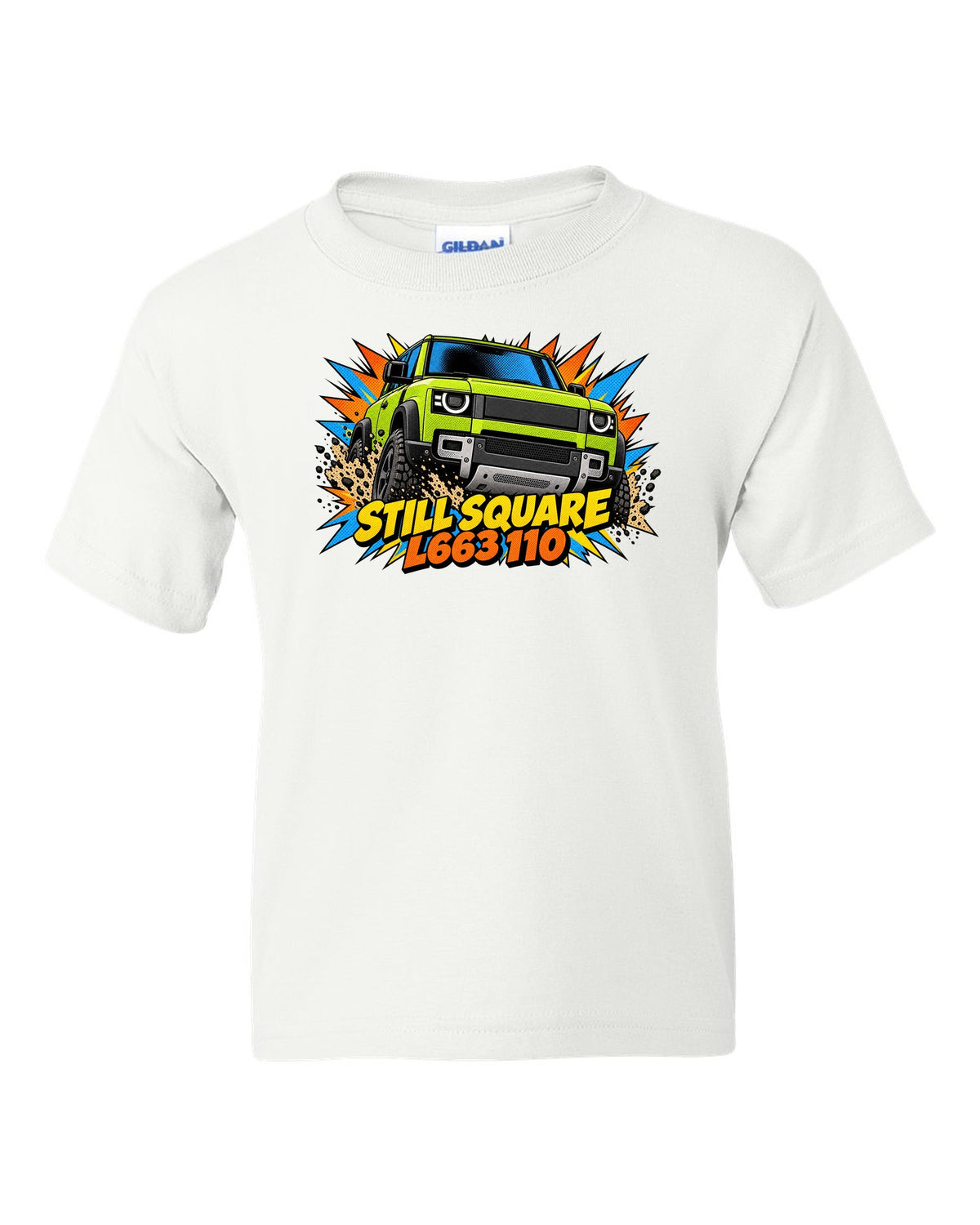 Comic halftone pop-art close-up of a Land Rover Defender L663 headlight with L663 110 lettering white kids tee front view with the design