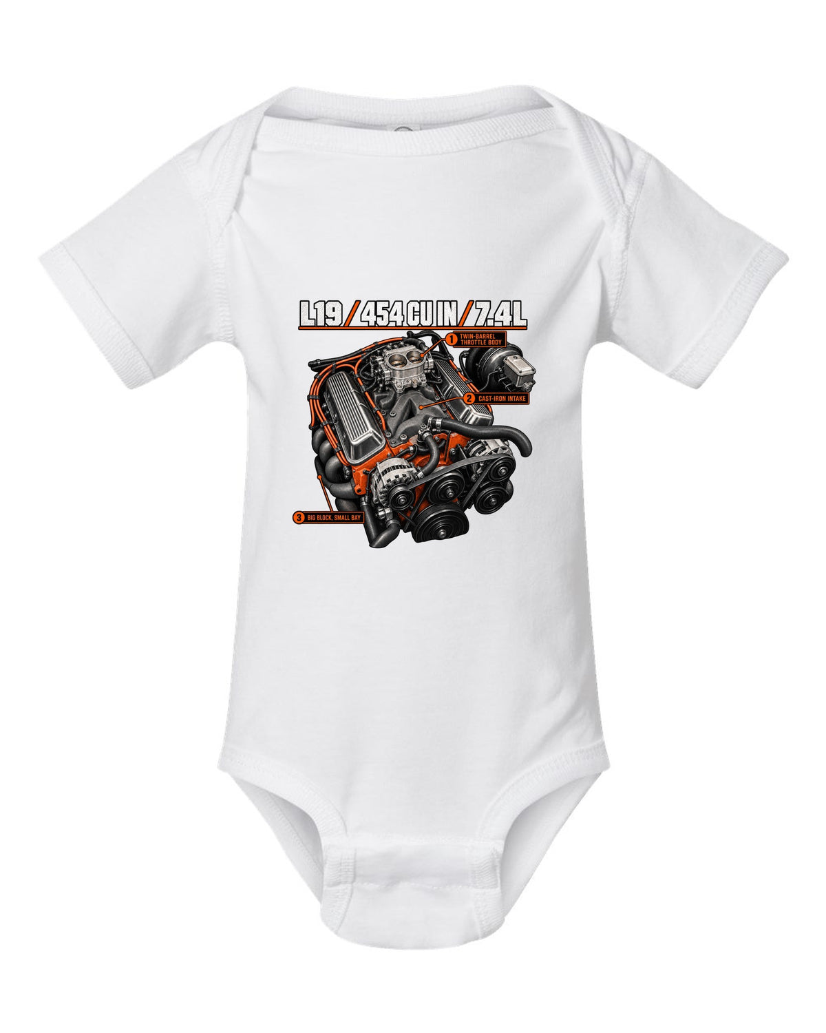 Chevy 454 SS L19 big-block engine diagram print white baby onesie front view with the design