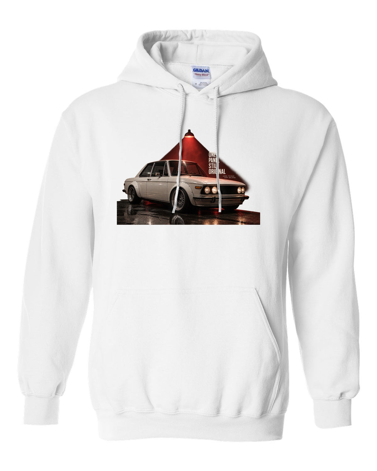 BMW E30 M3 garage night print with one panel still original text white pull over hoodie front view with the design