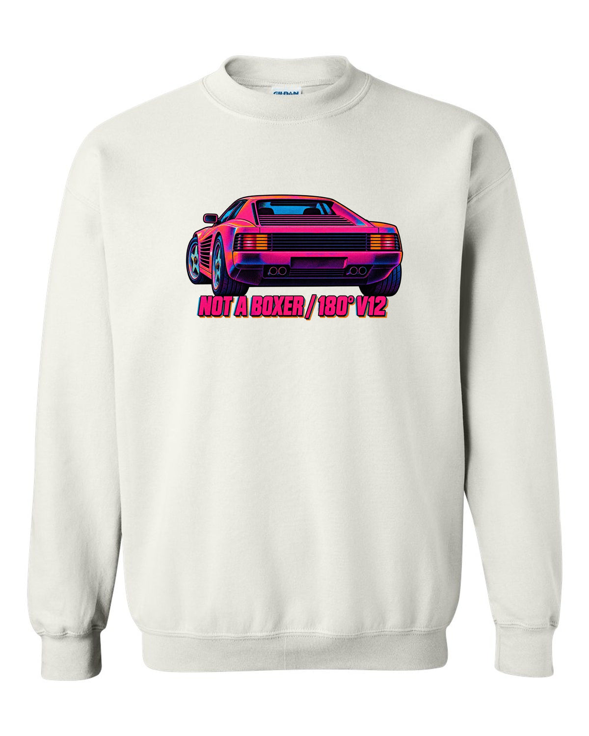 Neon-lit risograph print of the Ferrari Testarossa F110 with the text not a boxer, 180 degree V12 white crewneck front view with the design