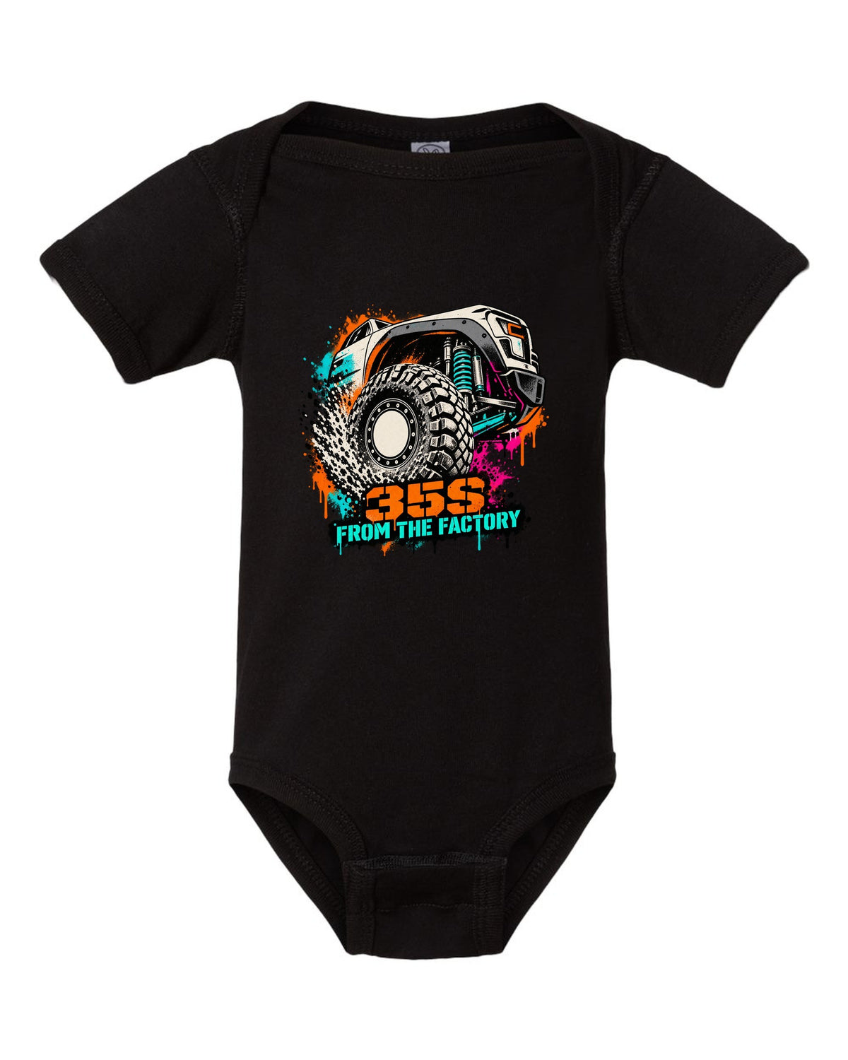 Stencil spray street art print of a Ram 1500 TRX wheel with 35S lettering black baby onesie front view with the design