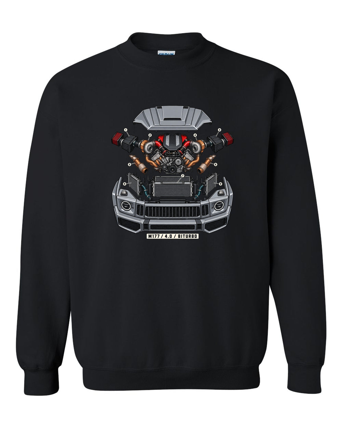 Isometric exploded engine cutaway graphic reading M177 4.0 Biturbo for the Mercedes G63 W464, print black crewneck front view with the design