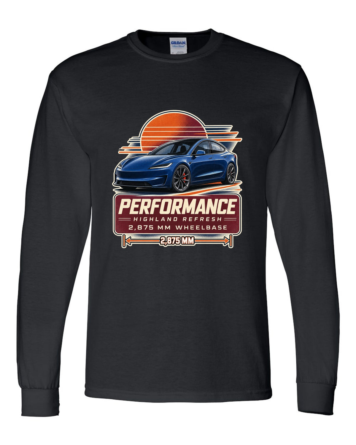 Spec poster print of a Tesla Model 3 Performance Highland refresh black long sleeve front view with the design