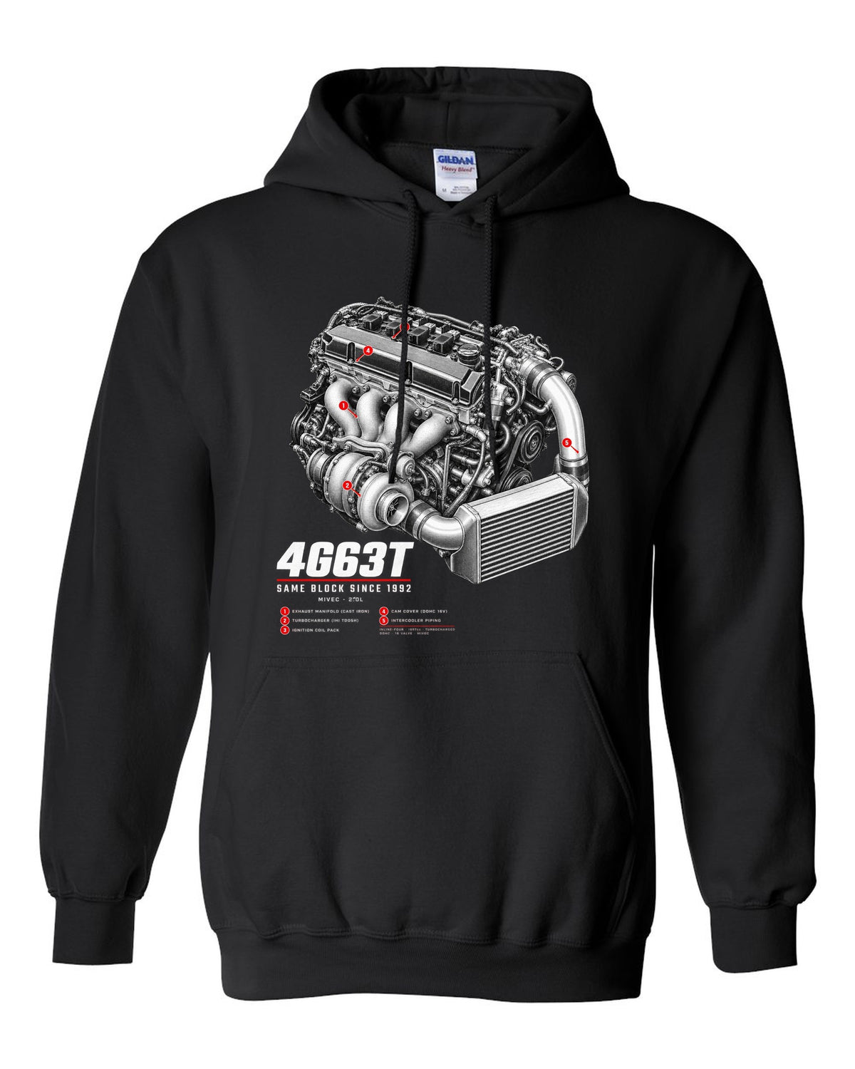 Engine hero print for the Mitsubishi Lancer Evolution IX MR CT9A reading 4G63T, MIVEC, 2.0L, same block since 1992 black pull over hoodie front view with the design