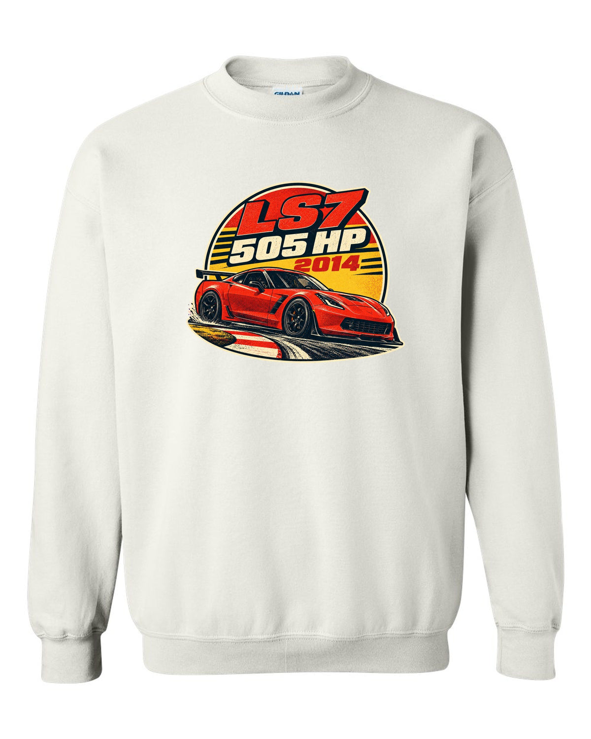 2014 Chevrolet Camaro Z/28 LS7 vintage race poster print with 505 HP text white crewneck front view with the design