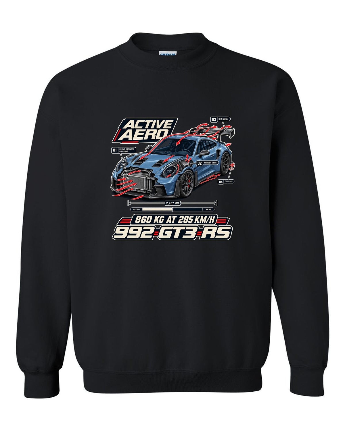 Porsche 992 GT3 RS aero and cutaway callouts print design black crewneck front view with the design