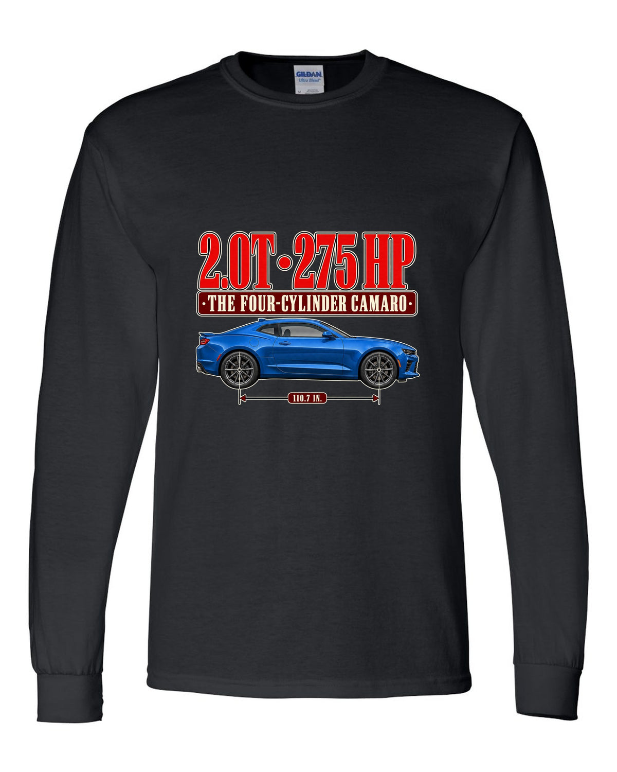 Editorial headline print for a Chevrolet Camaro 2.0T Turbo 1LE black long sleeve front view with the design