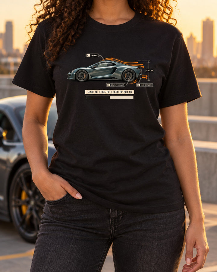 Pagani Utopia Airflow Callouts Tee, Power to Weight Shirt T-Shirt Black worn hero