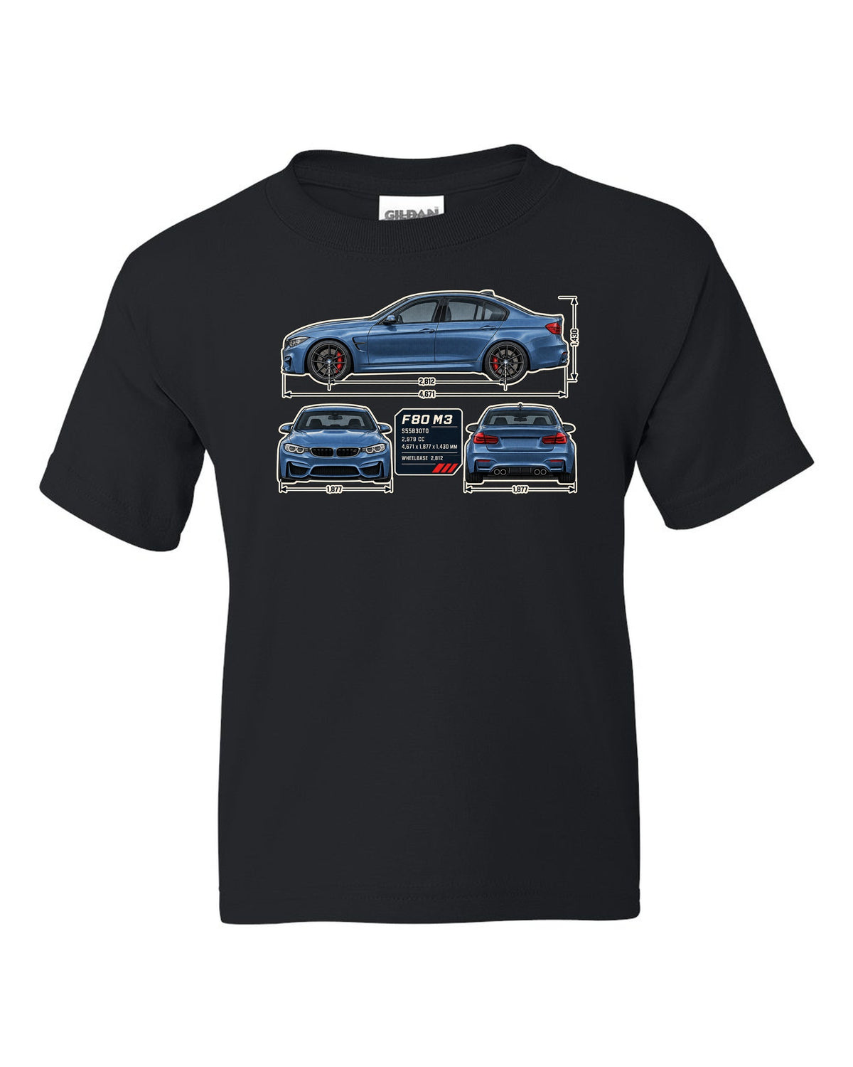 BMW M3 F80 dimension blueprint print with measurements black kids tee front view with the design
