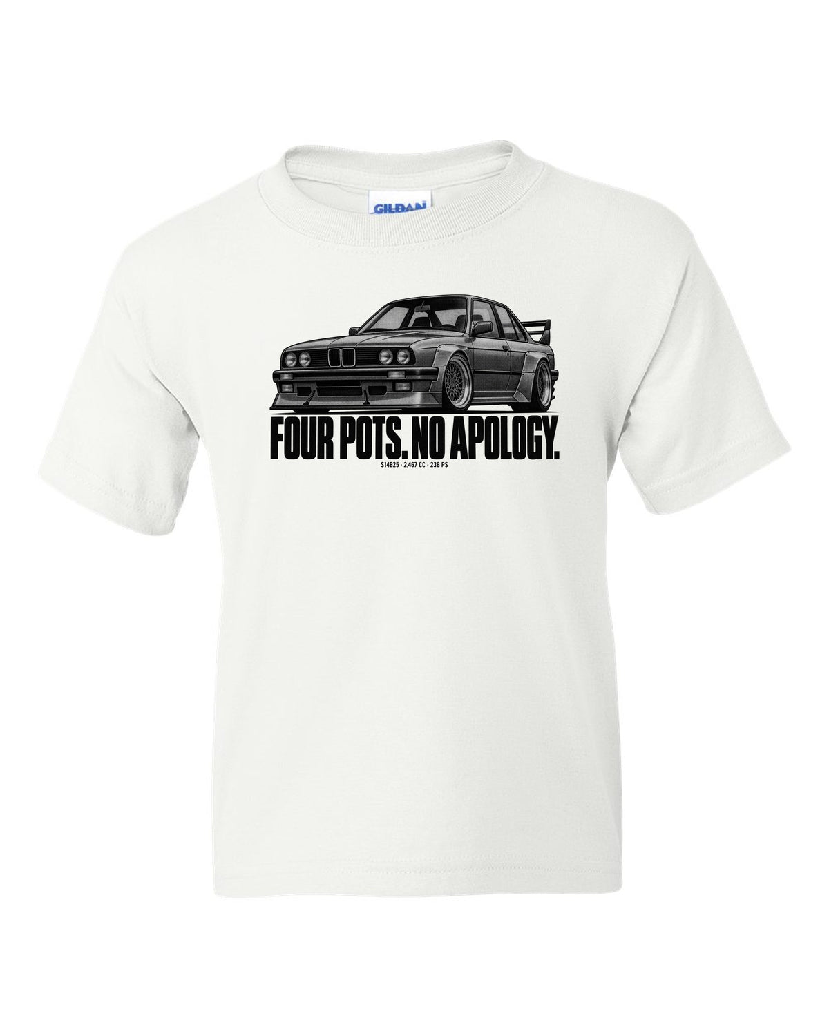 BMW E30 M3 Sport Evo halftone print with S14B25 2,467 cc and 238 PS text white kids tee front view with the design