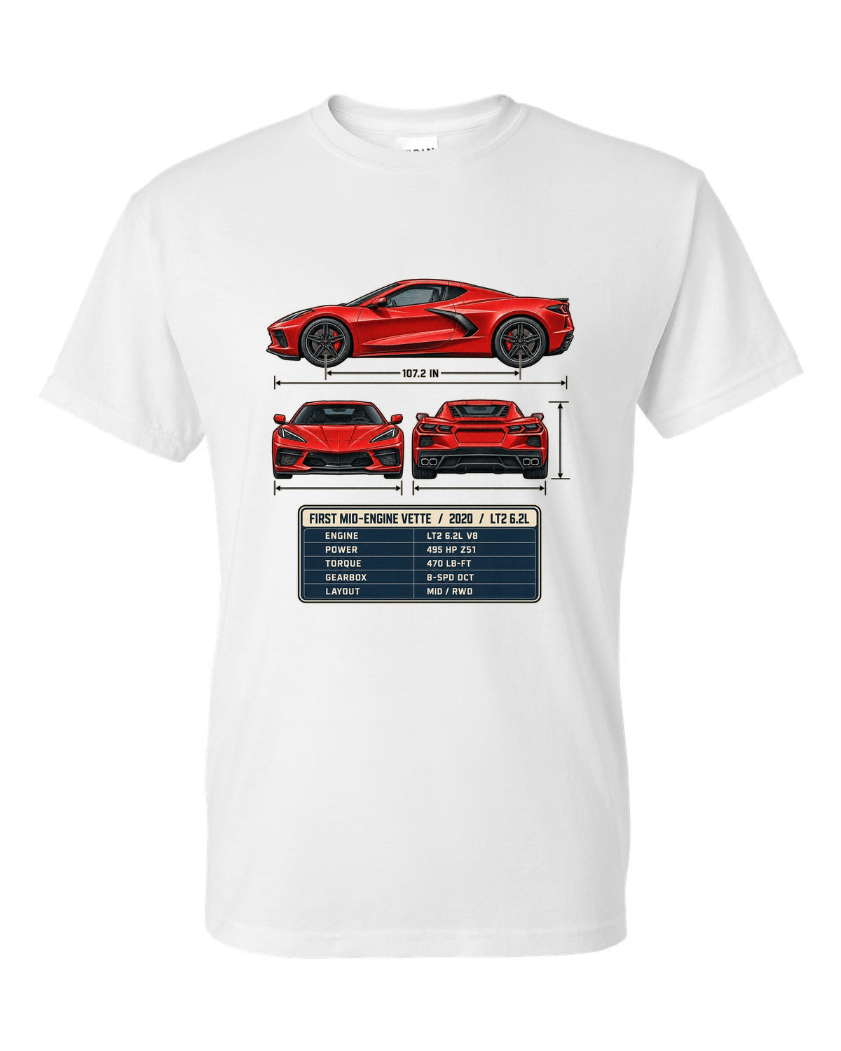 Three-view spec table print of a Chevrolet Corvette C8 Stingray with LT2 6.2L text white t-shirt front view with the design