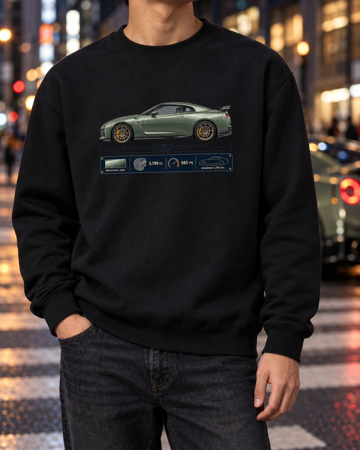 Nissan GT-R R35 T-spec Blueprint Shirt, 2024 Car Guy Tee Crewneck Black worn hero