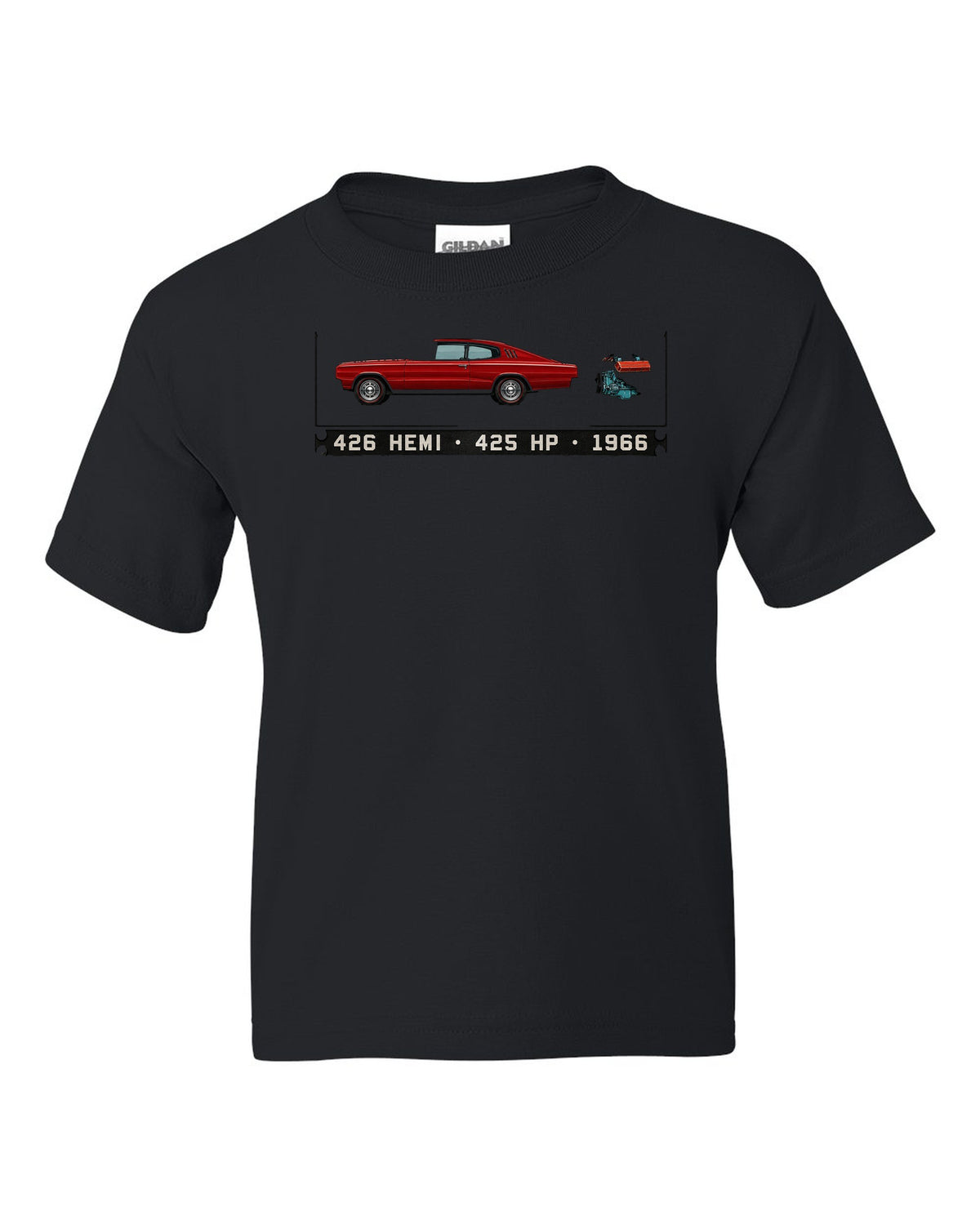 Spec-sheet data plate print of a 1966 Dodge Charger fastback with 426 Hemi text black kids tee front view with the design