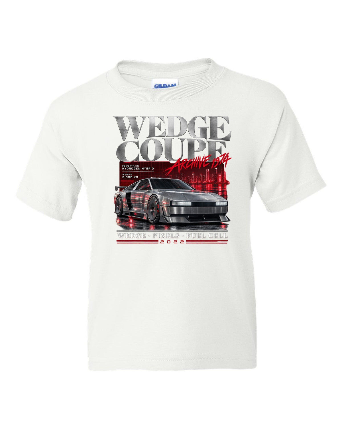Hyundai N Vision 74 archive panel print with wedge coupe and hydrogen hybrid text white kids tee front view with the design