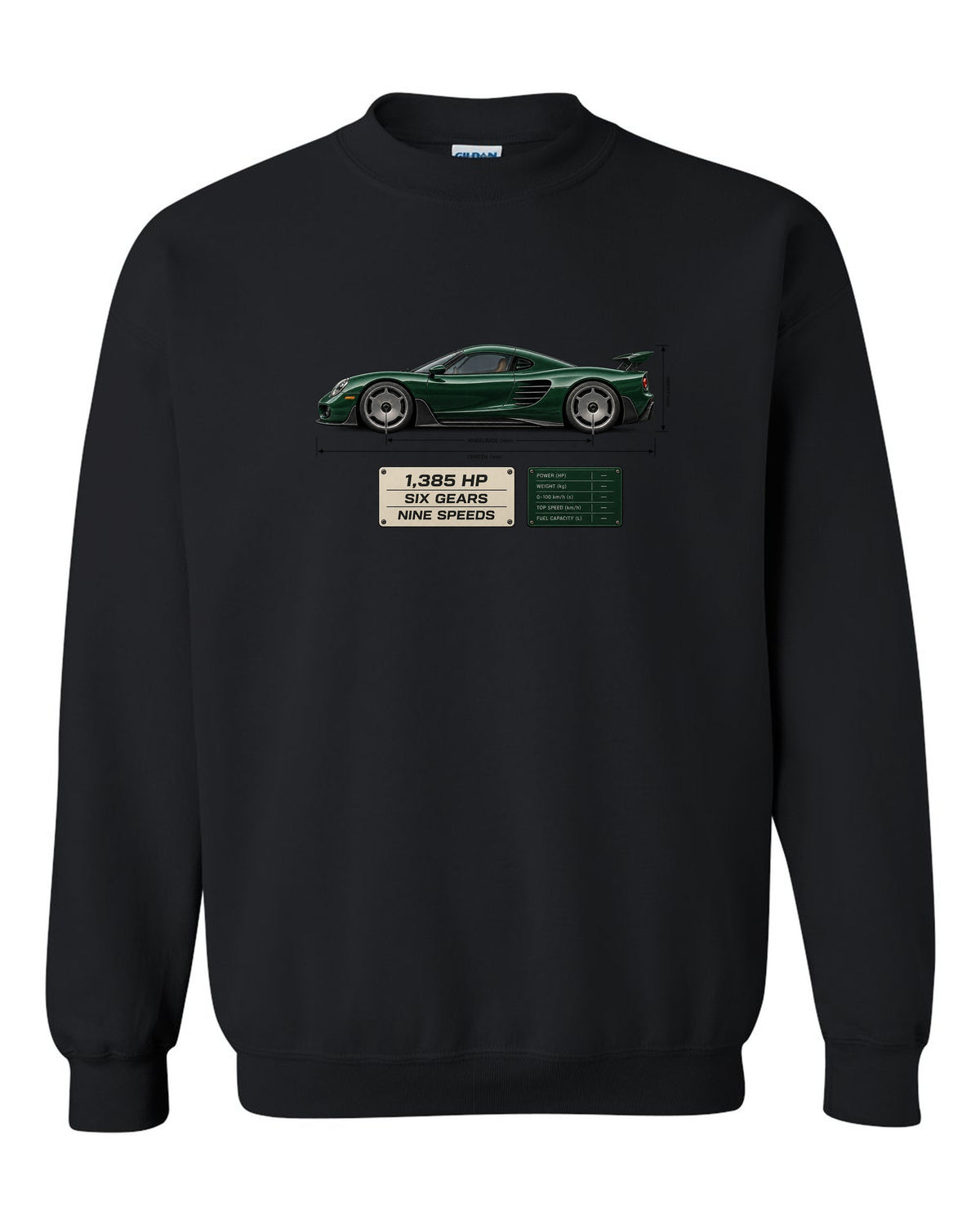 Blueprint print of the Koenigsegg CC850 with the text 1,385 hp, six gears, nine speeds black crewneck front view with the design