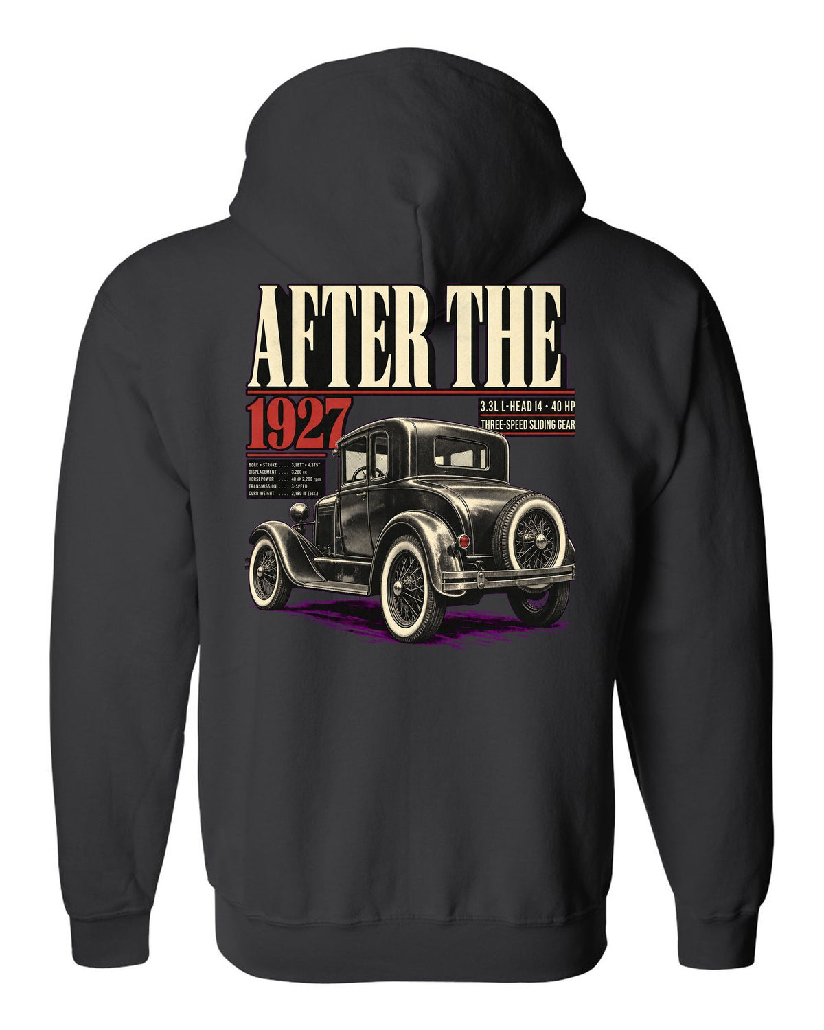 Editorial headline print of a Ford Model A coupe with spec lines black zip hoodie back view with the design