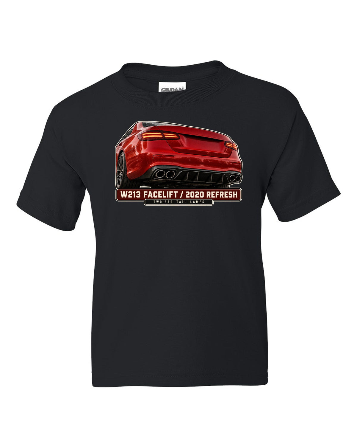 Tail lamp macro print of a red-orange Mercedes-AMG E63 S W213 facelift black kids tee front view with the design