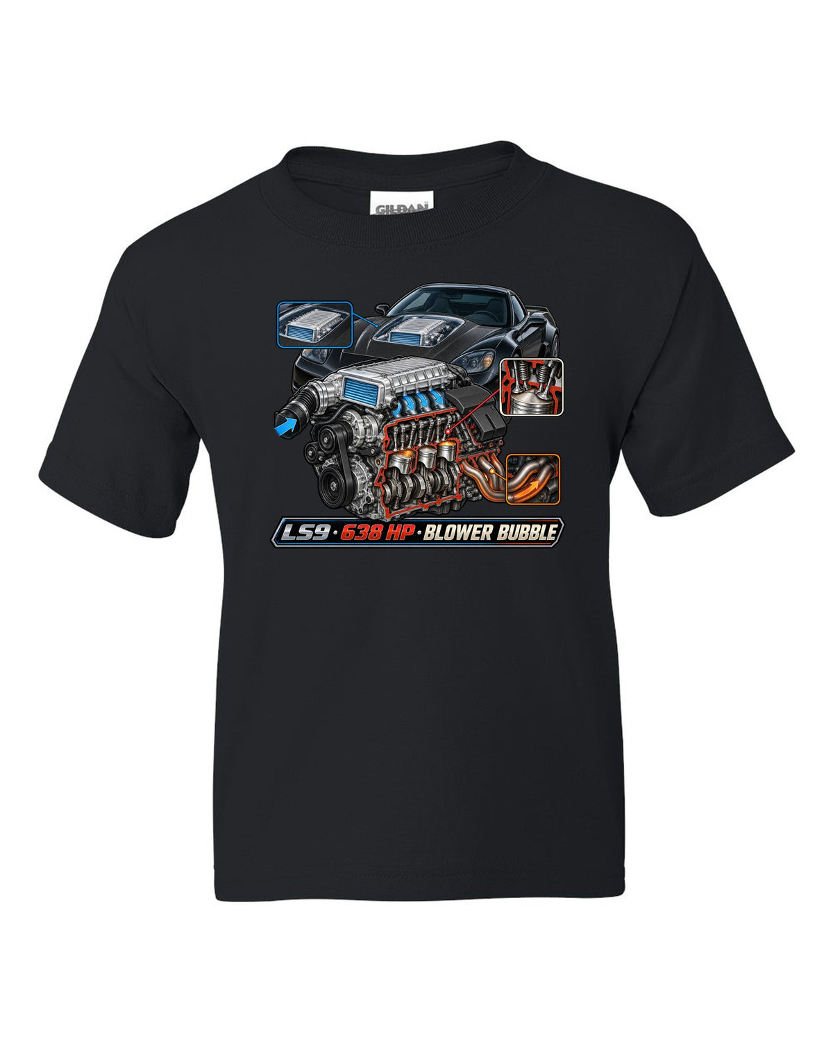 Cutaway engine print of the LS9 supercharger in a 2009 Chevrolet Corvette C6 ZR1 with 638 HP text black kids tee front view with the design