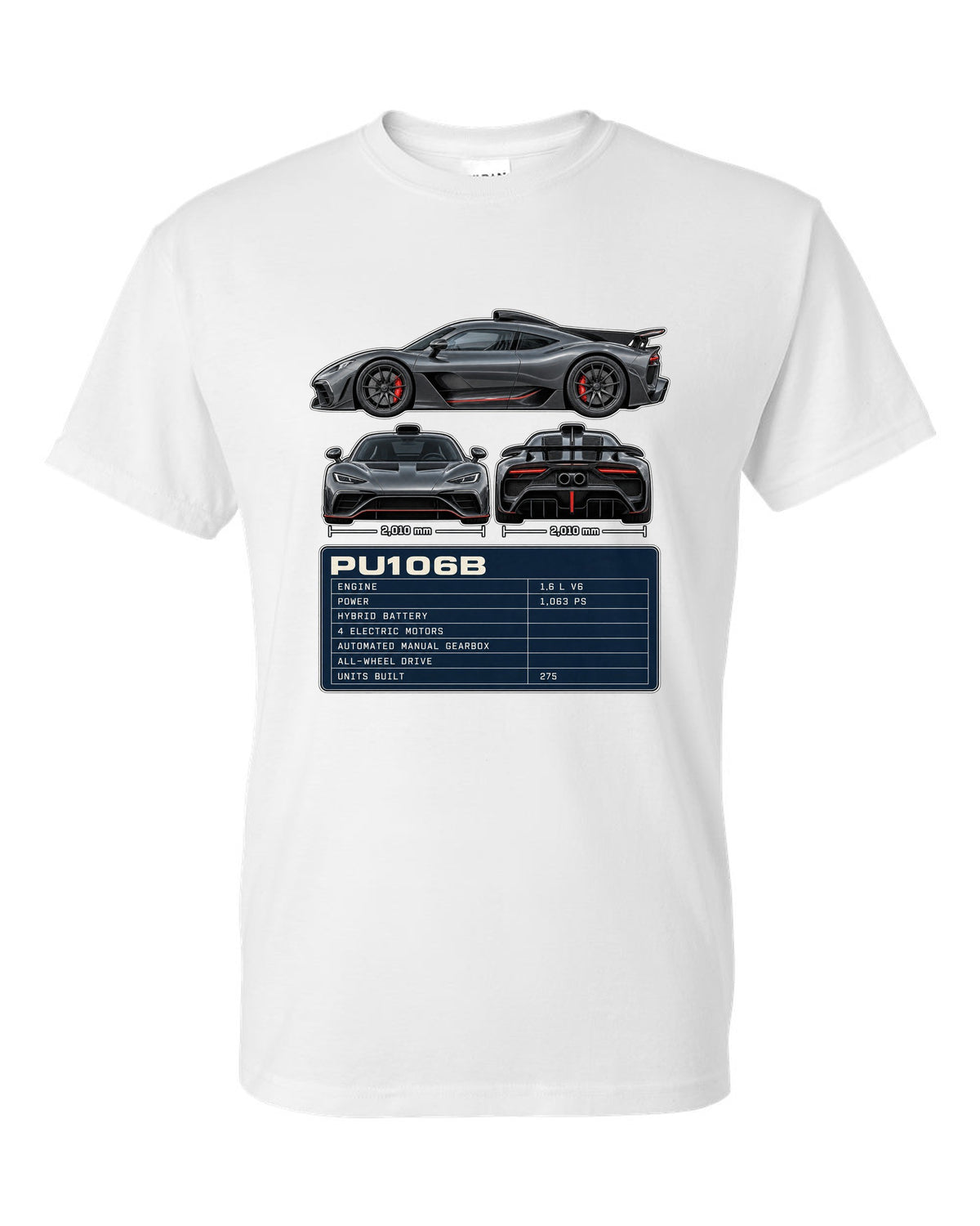 Mercedes-AMG One three-view drawing with PU106B spec table white t-shirt front view with the design