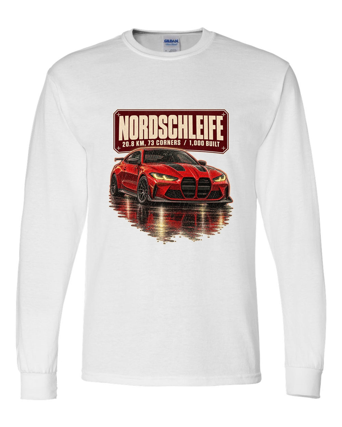 BMW M4 CSL G82 Nordschleife night scene print white long sleeve front view with the design