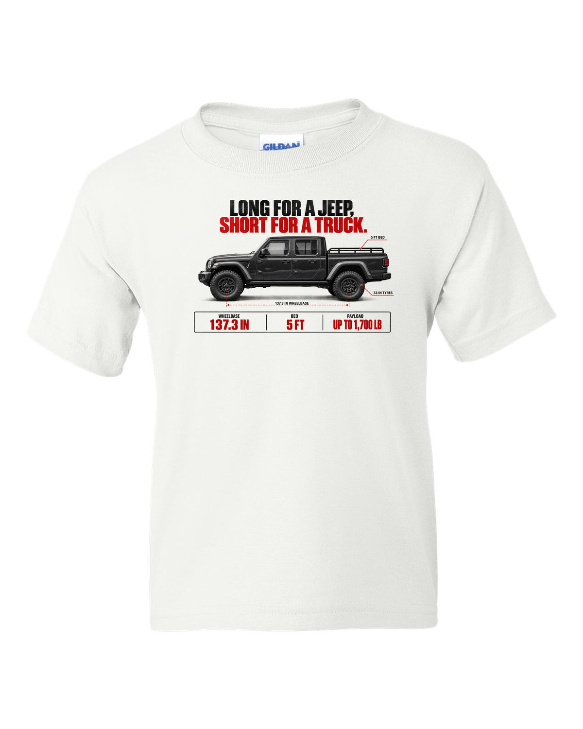 Jeep Gladiator JT spec poster print with wheelbase and payload figures white kids tee front view with the design