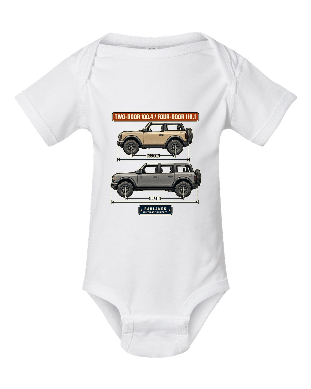 Ford Bronco Badlands two-door and four-door wheelbase blueprint print white baby onesie front view with the design