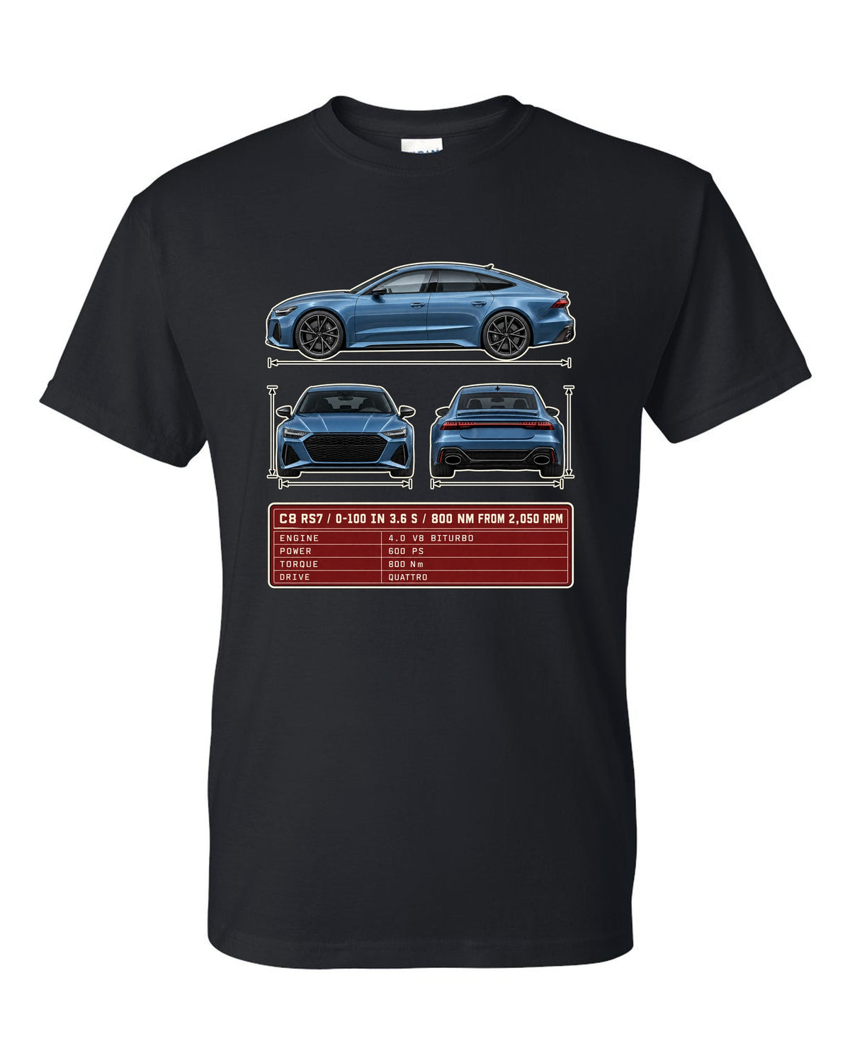 Three-view spec sheet for the Audi RS7 Sportback C8 black t-shirt front view with the design