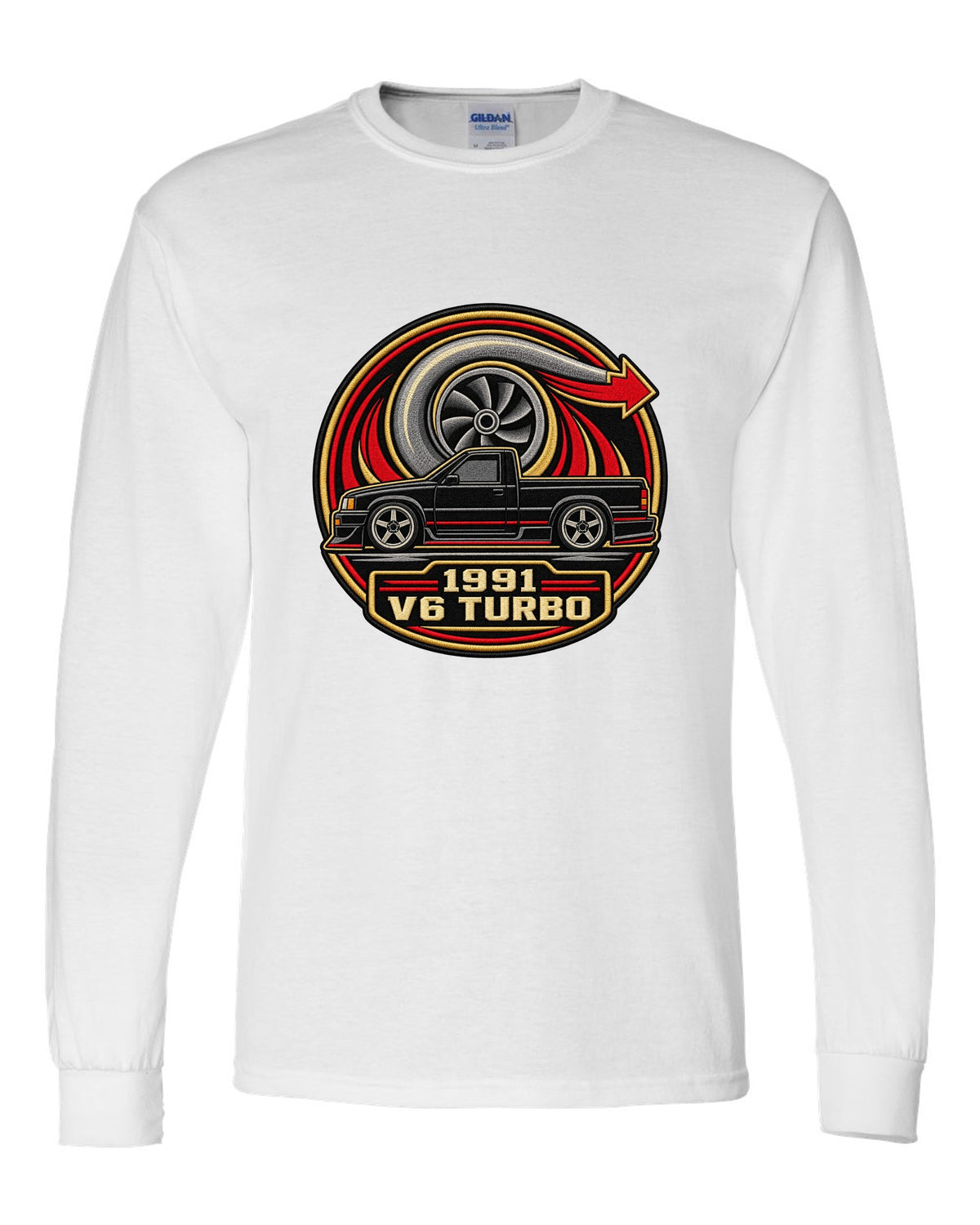 Varsity round embroidery-style design for a 1991 GMC Syclone reading 1991 / V6 TURBO white long sleeve front view with the design