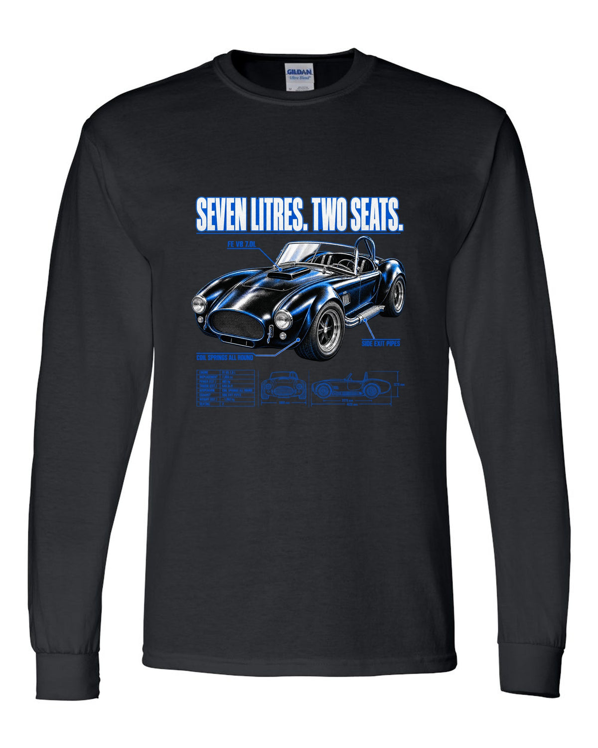 Top-down spec poster print of a 1965-1967 Shelby-style 427 roadster black long sleeve front view with the design