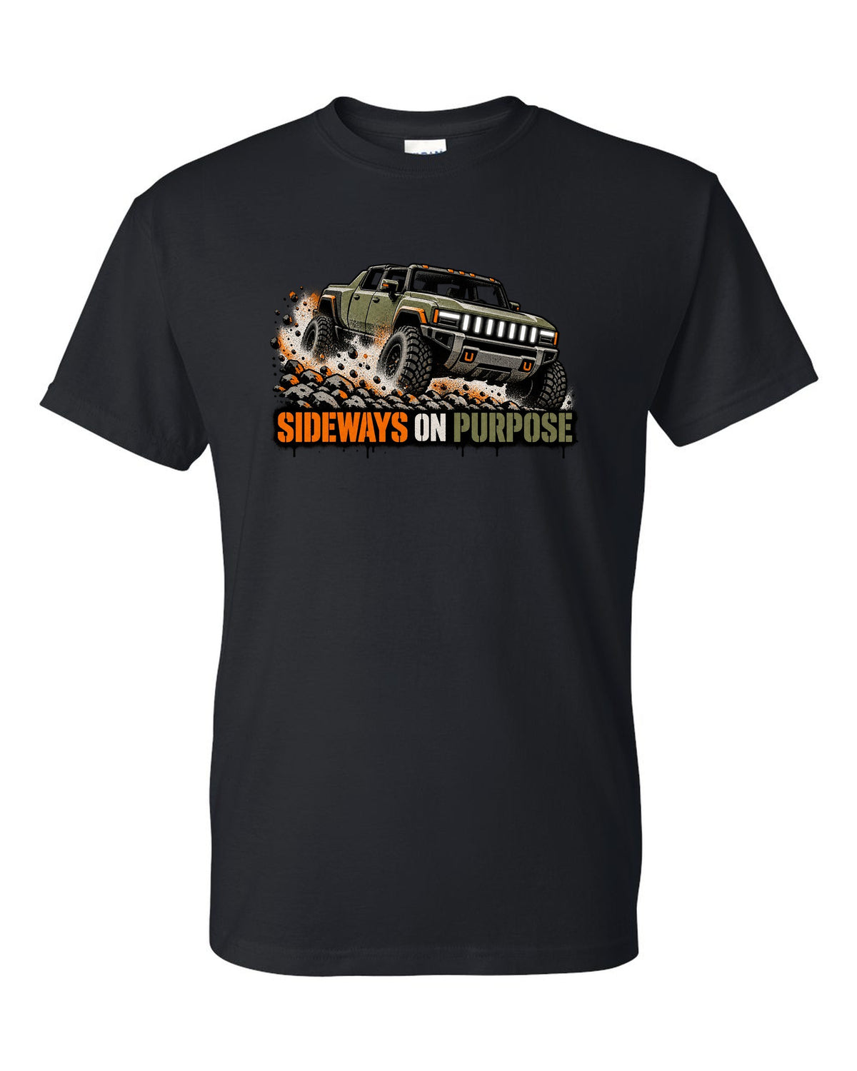 GMC Hummer EV spray stencil print with the words Sideways On Purpose black t-shirt front view with the design
