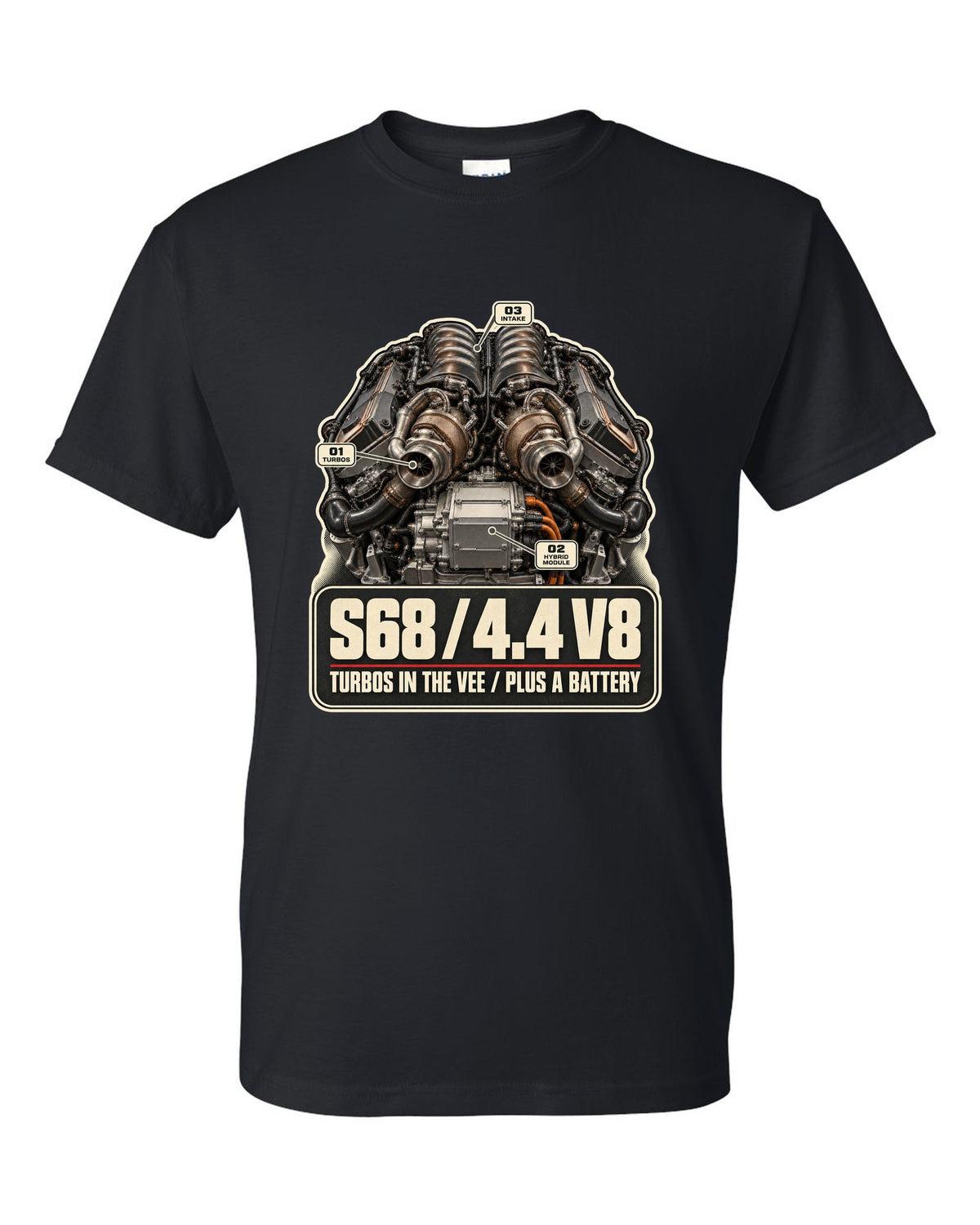 Engine hero print of the S68 4.4 V8 in the BMW XM G09 black t-shirt front view with the design