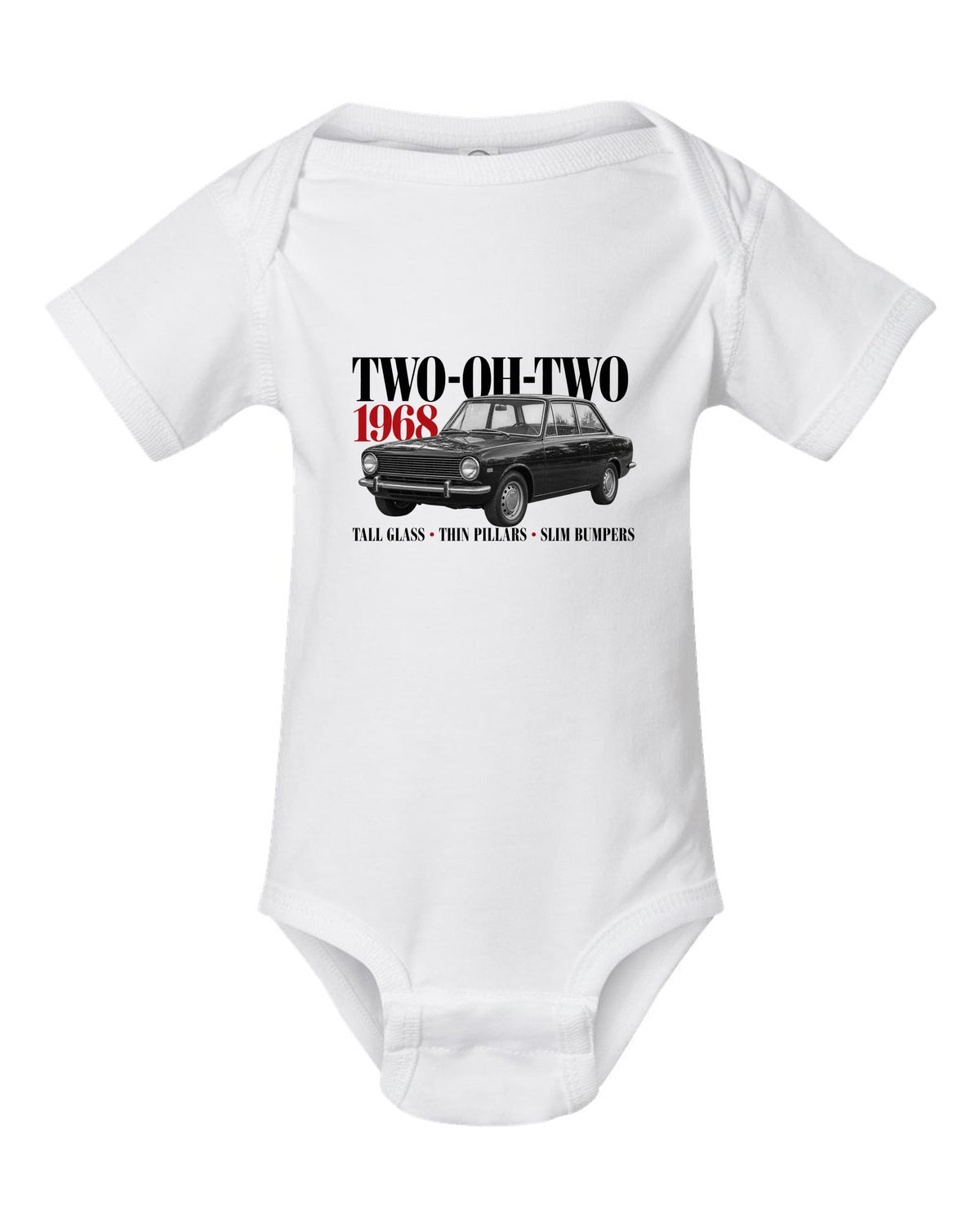 BMW 2002 editorial print with Two-Oh-Two 1968 headline and design details white baby onesie front view with the design