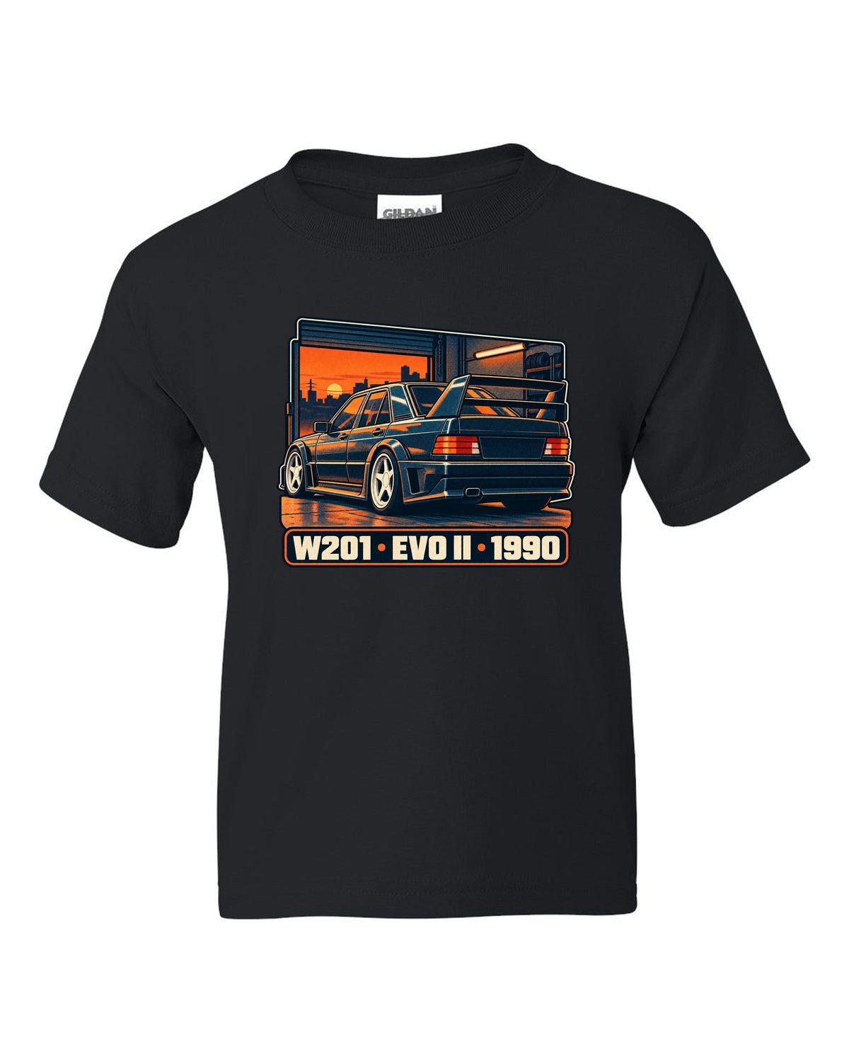 Risograph two-colour halftone print of a Mercedes-Benz 190E Evo II W201 in a garage at dusk black kids tee front view with the design