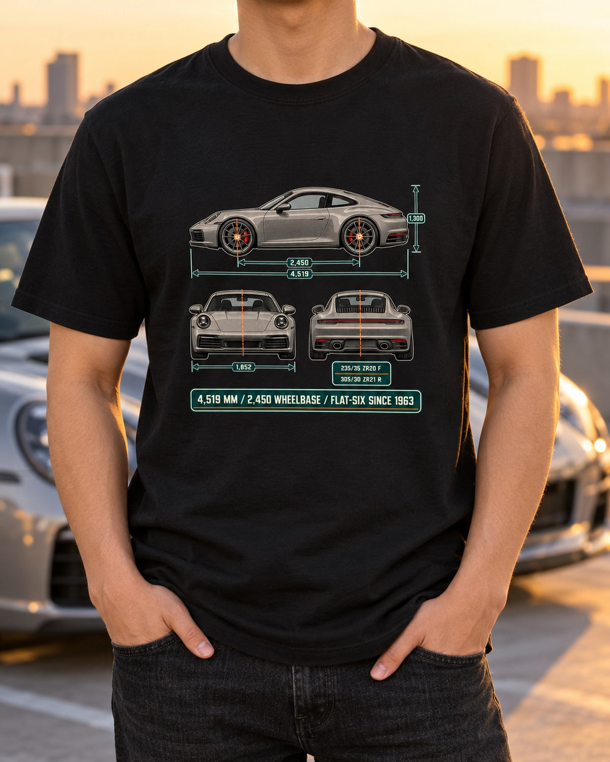 Porsche 992 Carrera S Dimension Blueprint Tee, 911 Gift T-Shirt Black worn hero