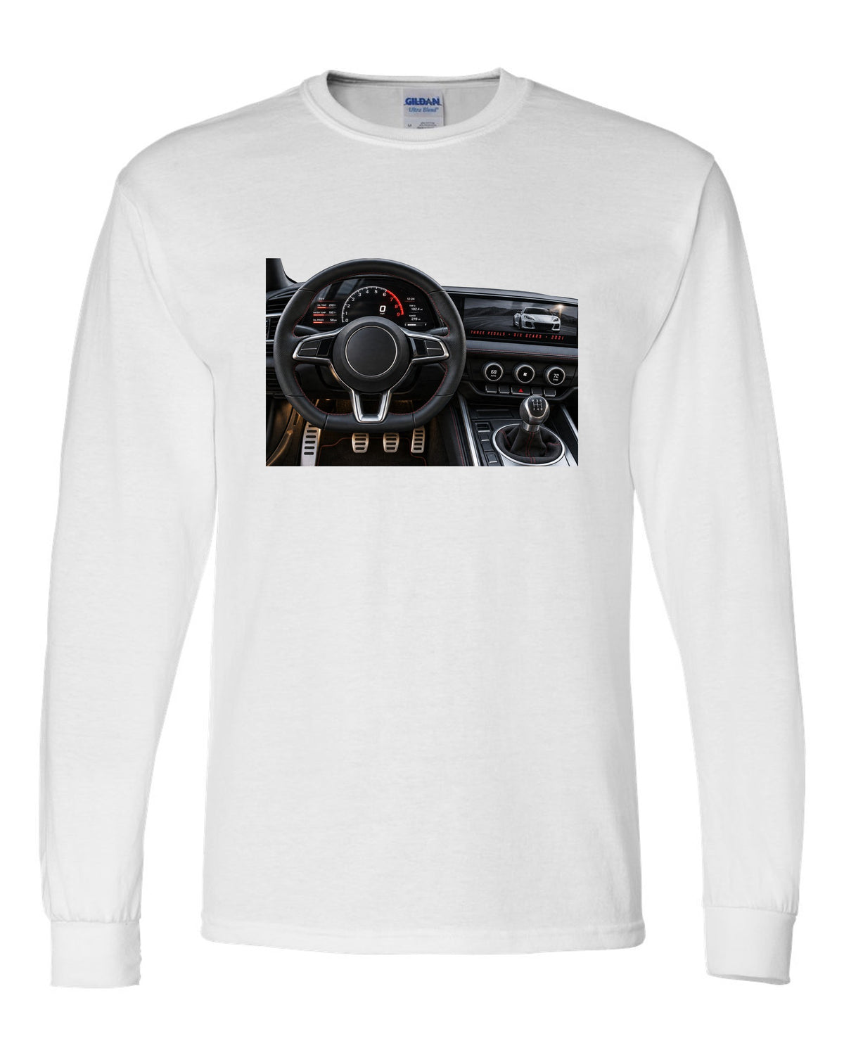 BMW G80 M3 cockpit gauge print with three pedals six gears lettering white long sleeve front view with the design