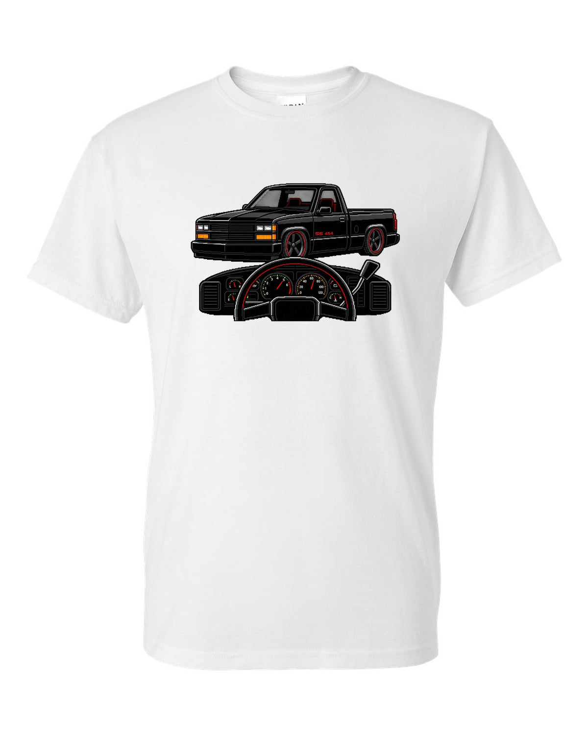 16-bit pixel art gauge print for a 1990-93 Chevrolet 454 SS pickup with SS 454 text white t-shirt front view with the design