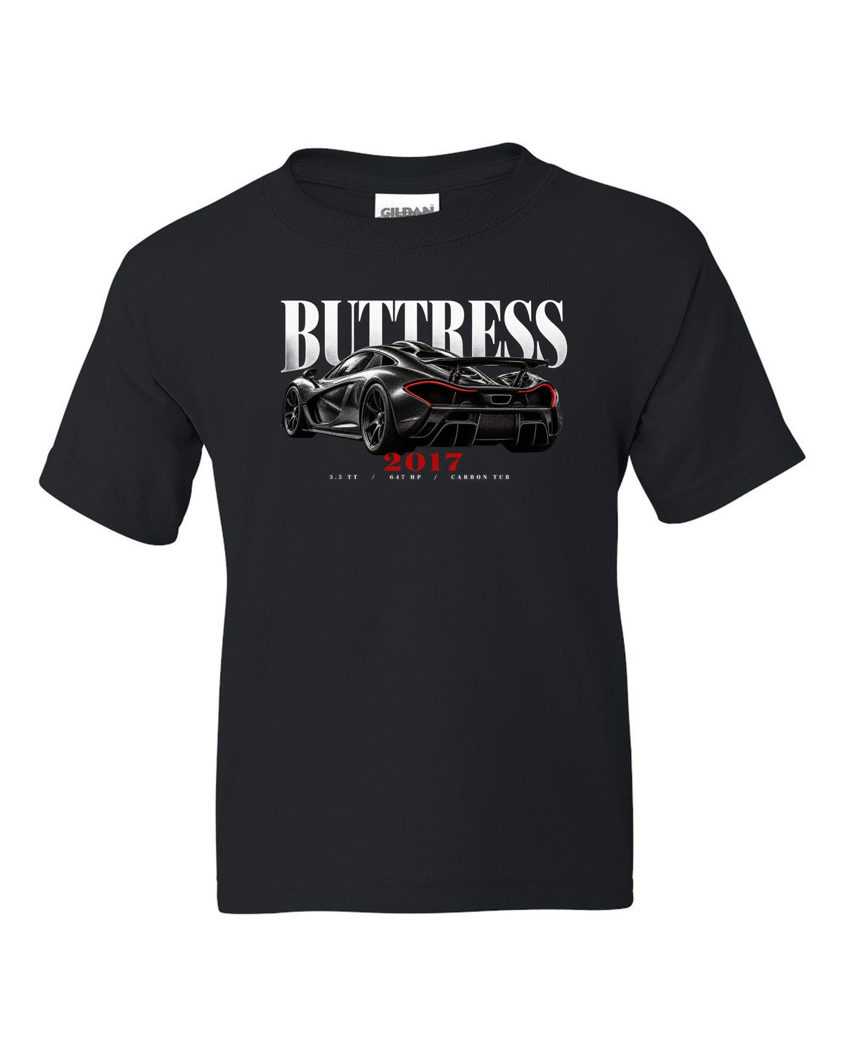 Ford GT 2017-22 buttress editorial print with 3.5 TT, 647 HP and carbon tub text black kids tee front view with the design