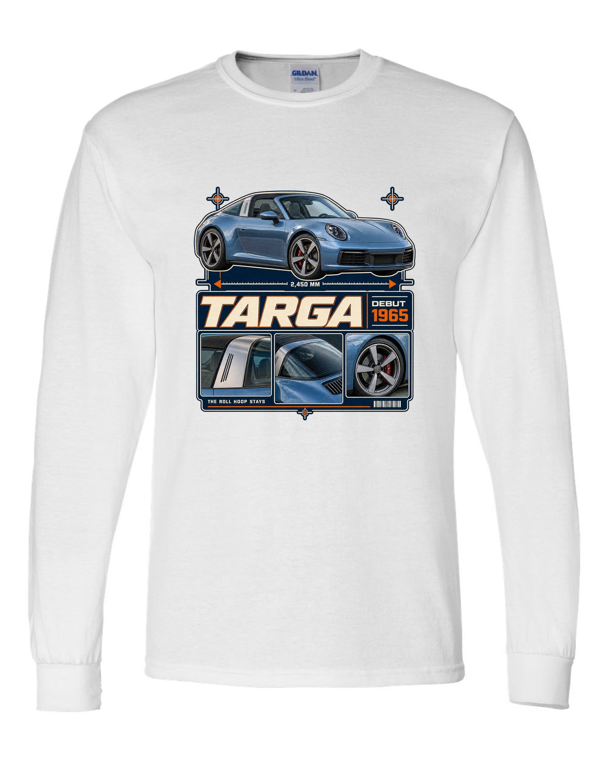 Dossier panel print of a Porsche 911 Targa 4S 992 with roll hoop white long sleeve front view with the design
