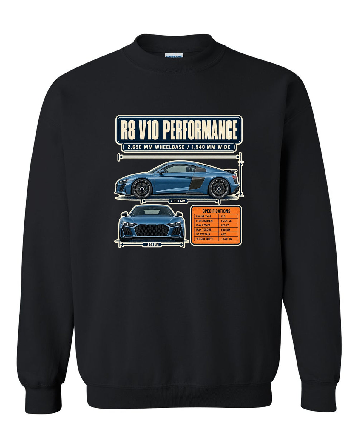 Audi R8 V10 performance Type 4S dimension blueprint print design black crewneck front view with the design
