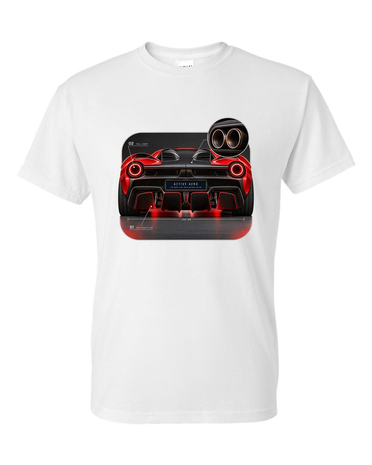 Ferrari LaFerrari taillight macro print with active aero caption white t-shirt front view with the design