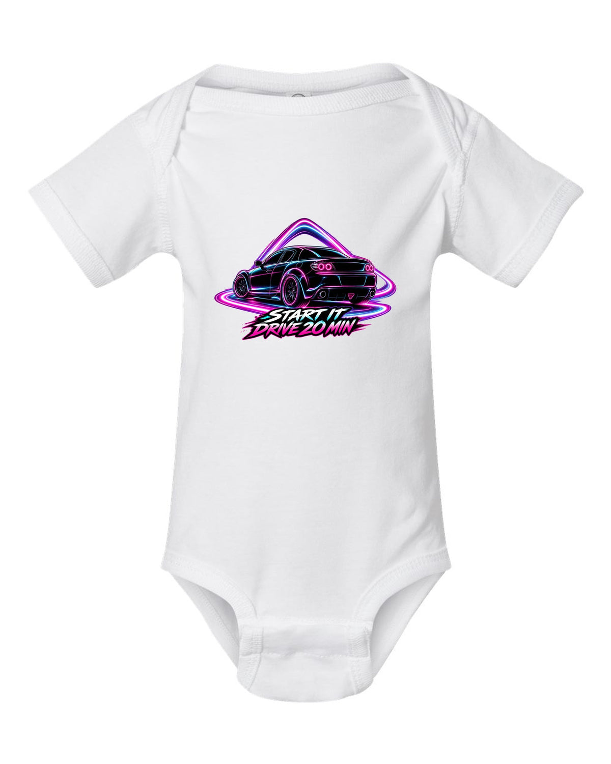 Neon outline light painting of a Mazda RX-8 SE3P with START IT / DRIVE 20 MIN lettering white baby onesie front view with the design