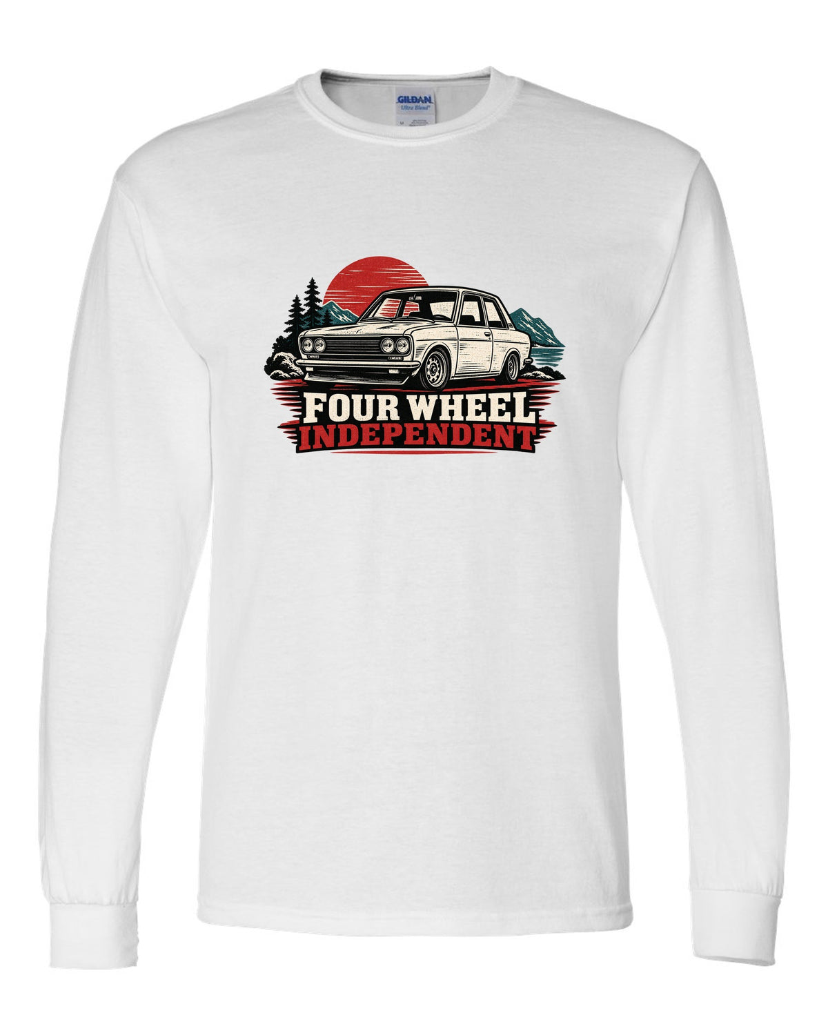 Linocut print of a Datsun 510 with Four Wheel Independent lettering white long sleeve front view with the design
