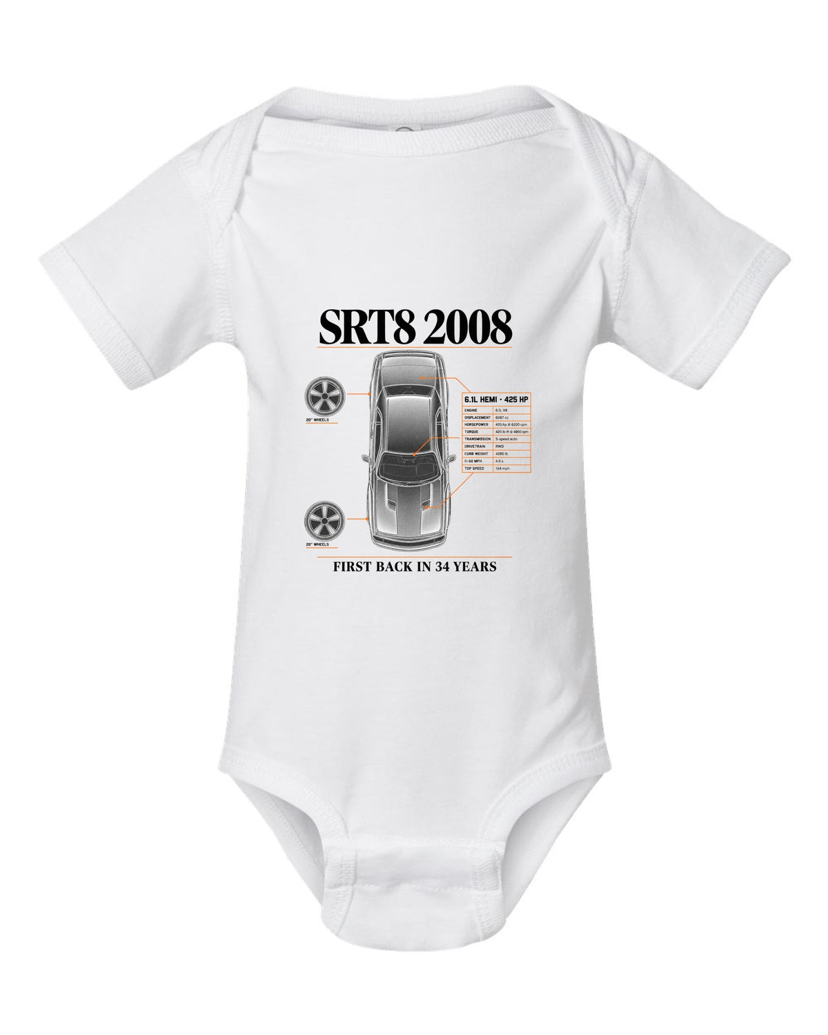 Spec poster print of a 2008 Dodge Challenger SRT8 with 6.1L Hemi and 425 HP text white baby onesie front view with the design