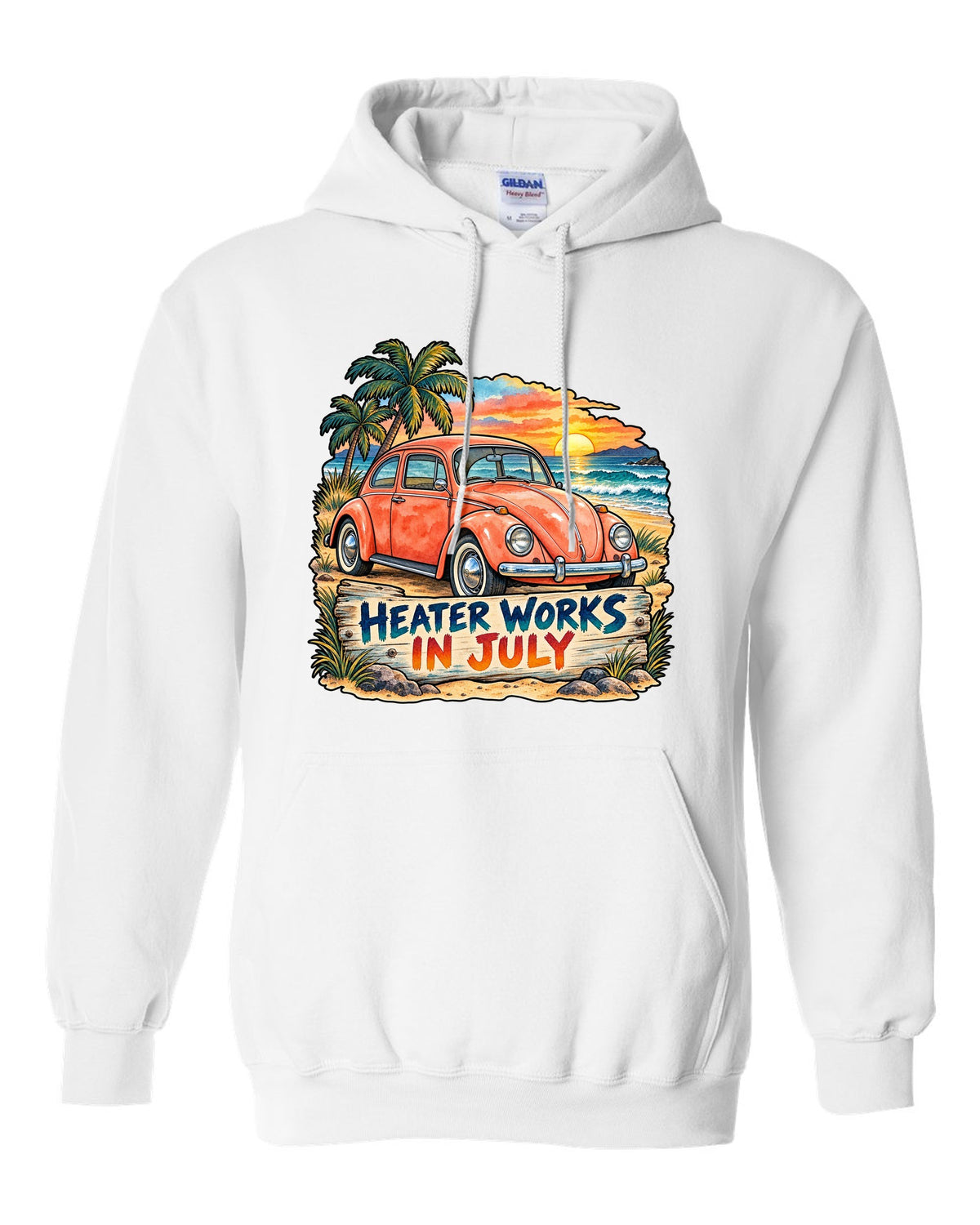 Watercolour sunset beach scene with a 1960s VW Beetle Type 1 and heater works in July text white pull over hoodie front view with the design