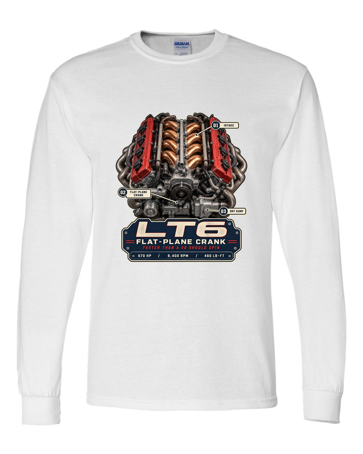 Engine hero print of the LT6 flat-plane V8 in a Chevrolet Corvette C8 Z06 white long sleeve front view with the design