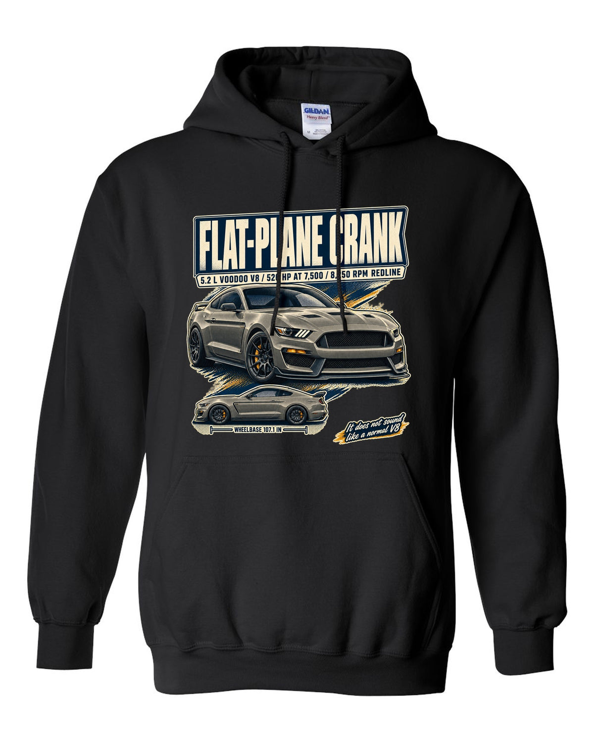 Ford Mustang S550 Shelby GT350 editorial headline print about the flat-plane crank V8 black pull over hoodie front view with the design