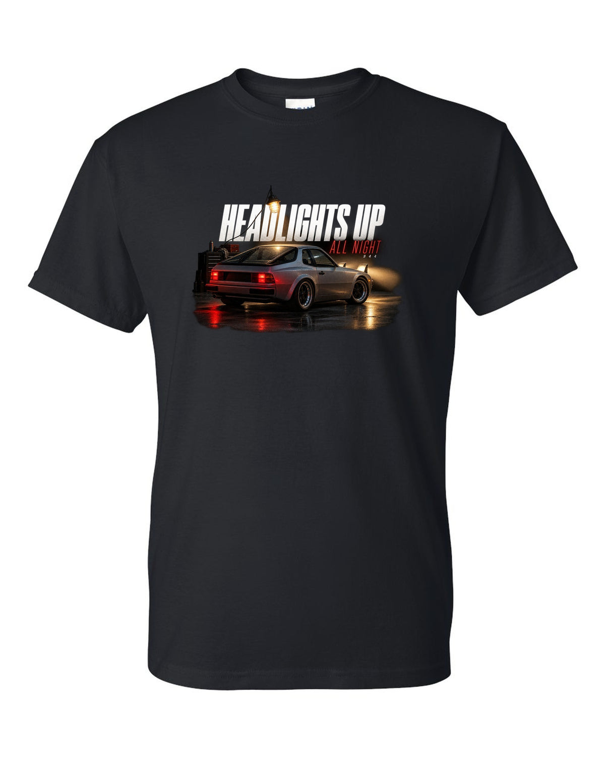 Garage night print of an early Porsche 944 with pop-up headlights raised black t-shirt front view with the design