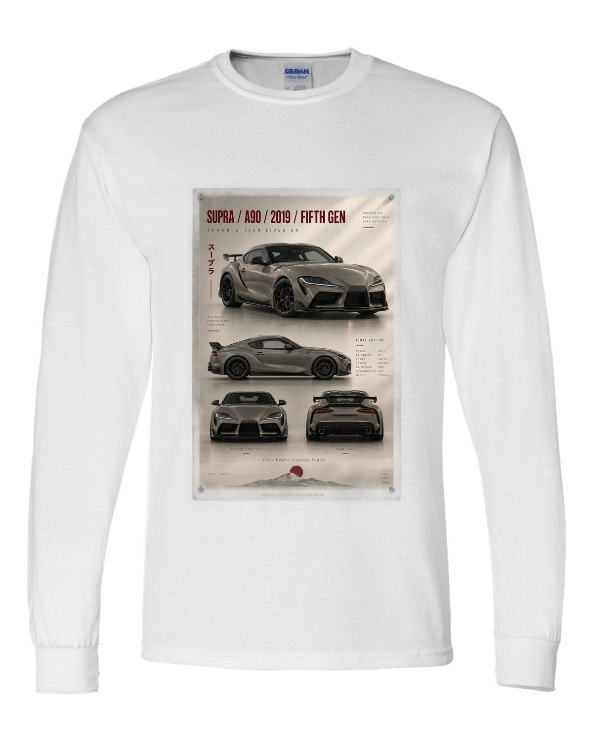 Warm grey archive panel of the Toyota GR Supra Final Edition 3.0 with A90 text white long sleeve front view with the design
