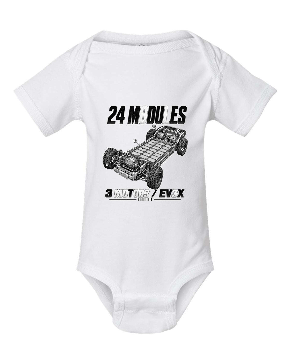 Cutaway of the GMC Hummer EV pickup battery pack and motors with labels white baby onesie front view with the design