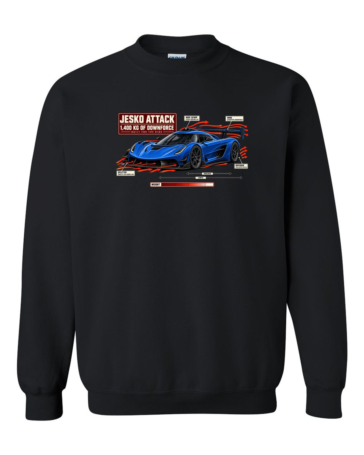 Aero callout diagram of the Koenigsegg Jesko Attack with rear wing and splitter, print black crewneck front view with the design